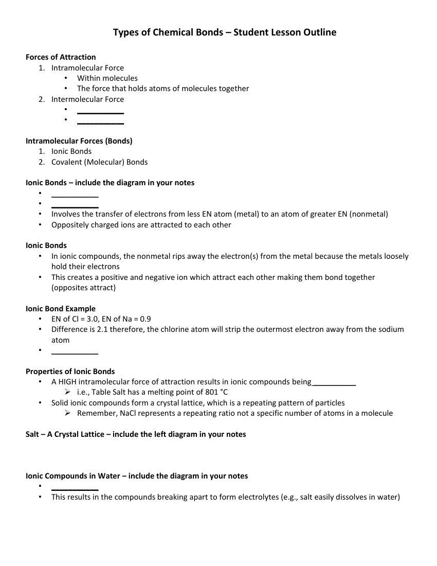 Types of Chemical Bonds - Student Lesson Outline