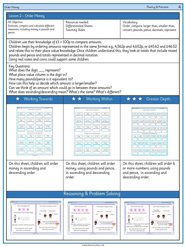 Money - Ordering Money - Worksheet