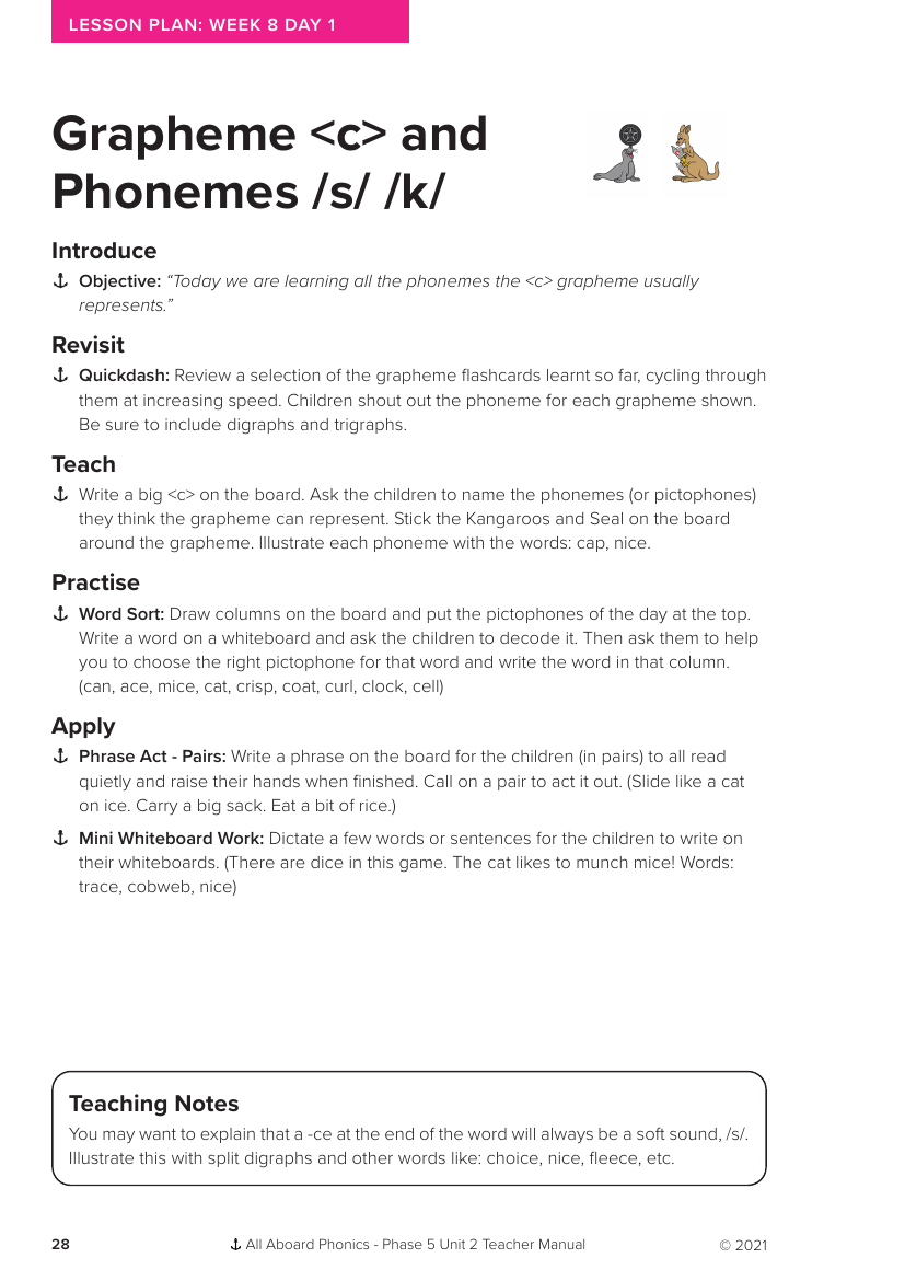 Week 8, lesson 1 Grapheme "c" and Phonemes "s,k" - Phonics Phase 5, unit 2 - Lesson plan