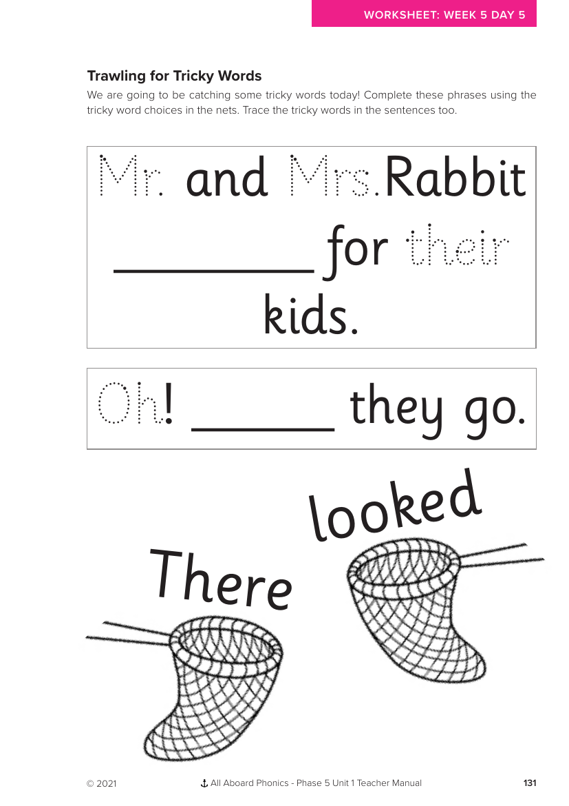 Week 5, lesson 5 Review Trawling for Tricky Words activity - Phonics Phase 5, unit 1 - Worksheet