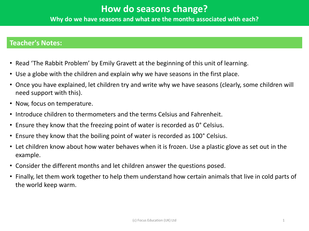 Why do we have seasons and what are the months associated with each? - Teacher's Notes