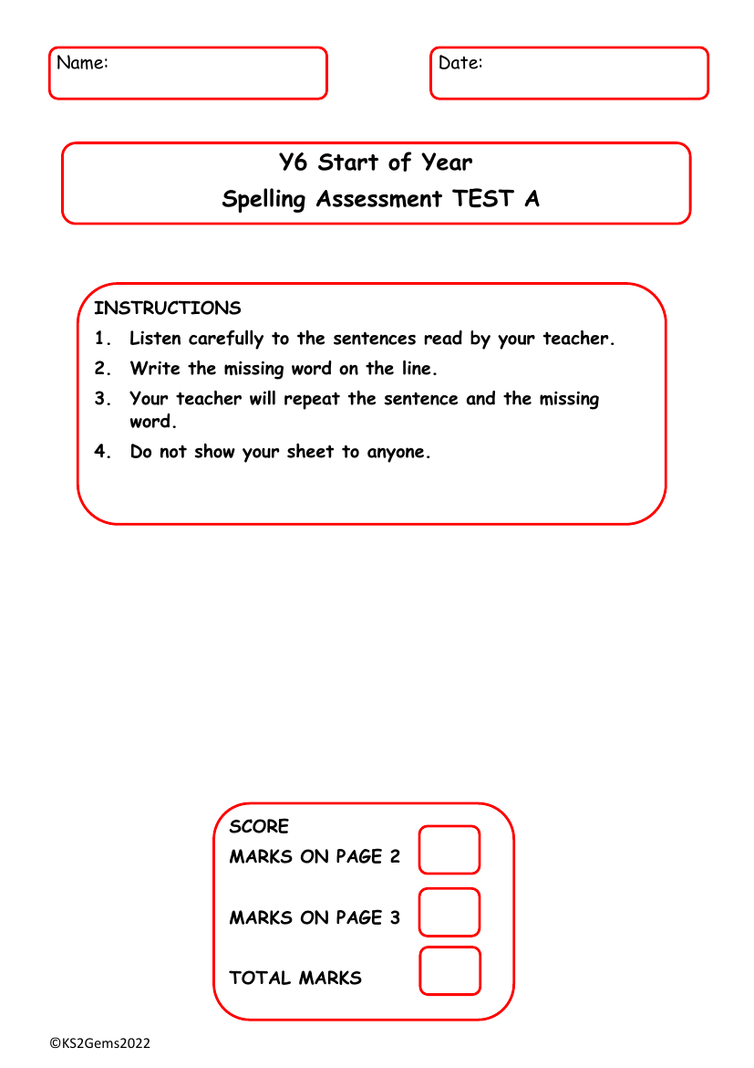 Start of Year Spelling Assessment Test A