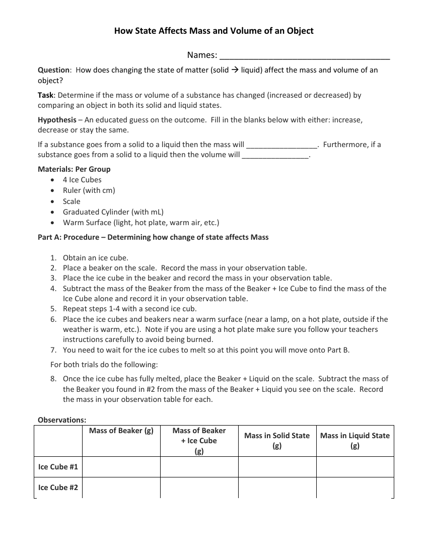 How State Change Affects Mass and Volume - Worksheet