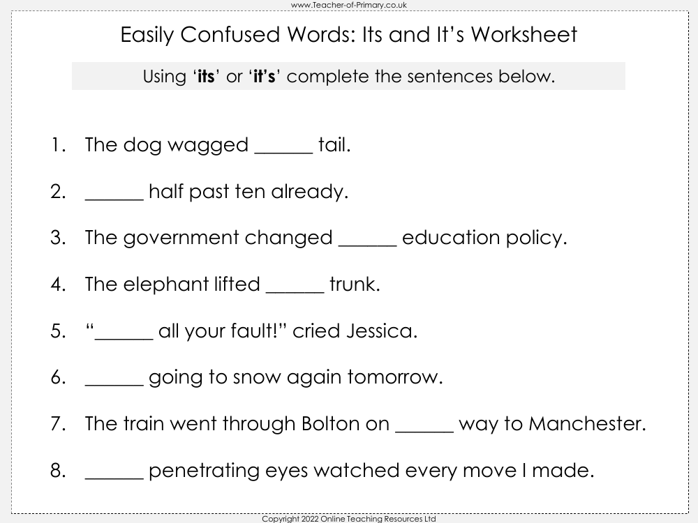Easily Confused Words - Its and It's - Worksheet