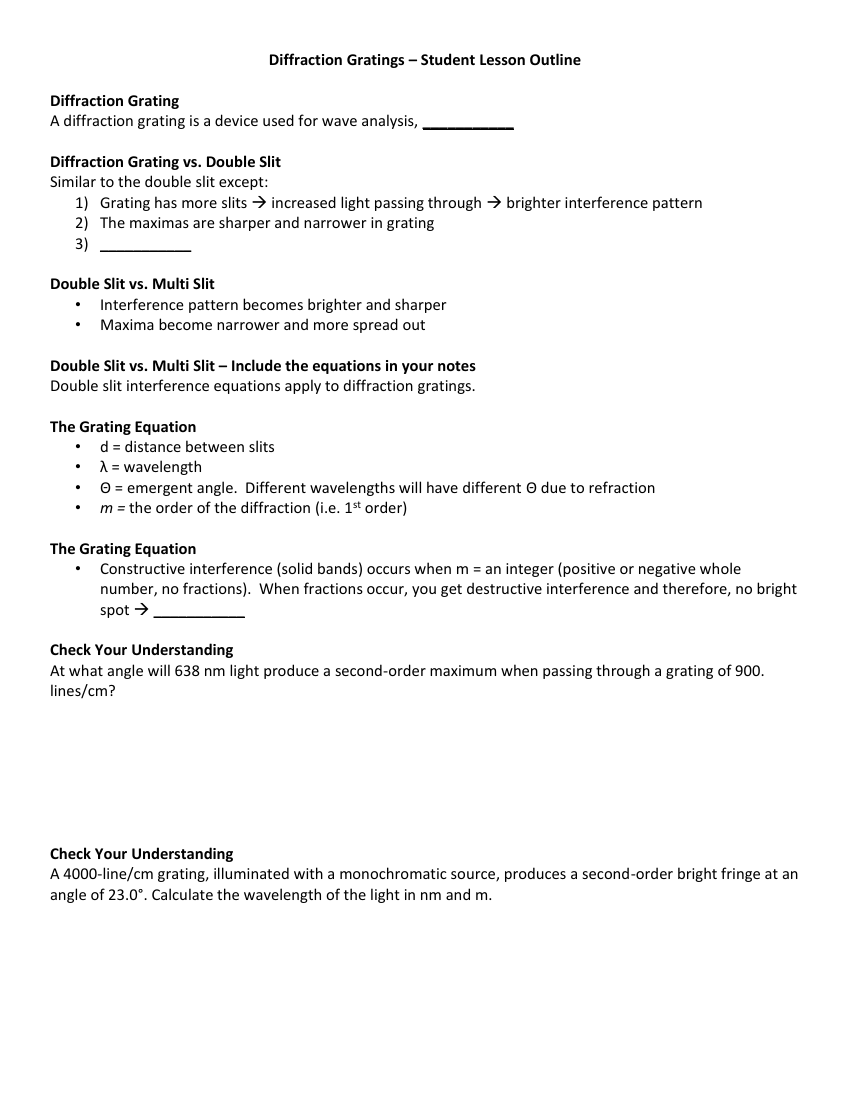 Diffraction Gratings - Student Lesson Outline