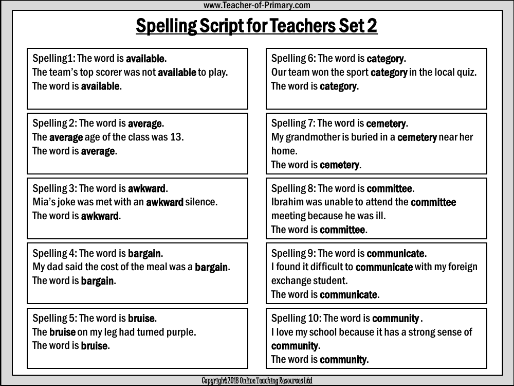 Spellings - Set 2 Teachers Script