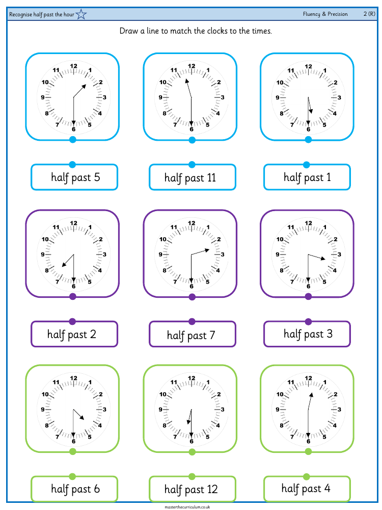 Time - Time to the half hour - Worksheet