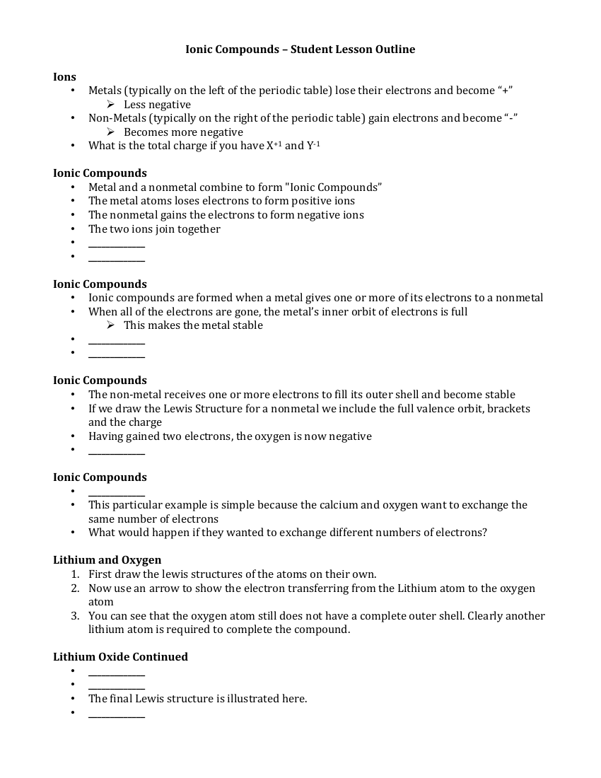 Ionic Compounds - Student Lesson Outline