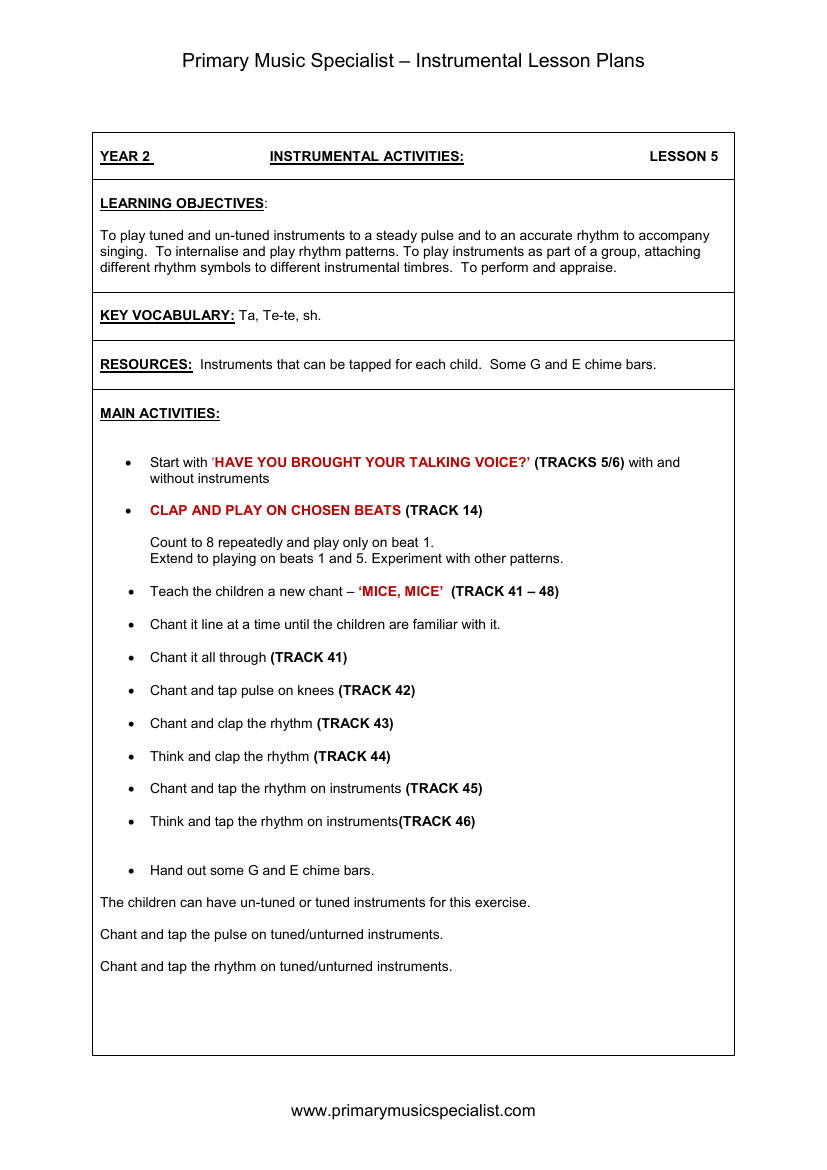 Instrumental Lesson Plan - Year 2 Lesson 5