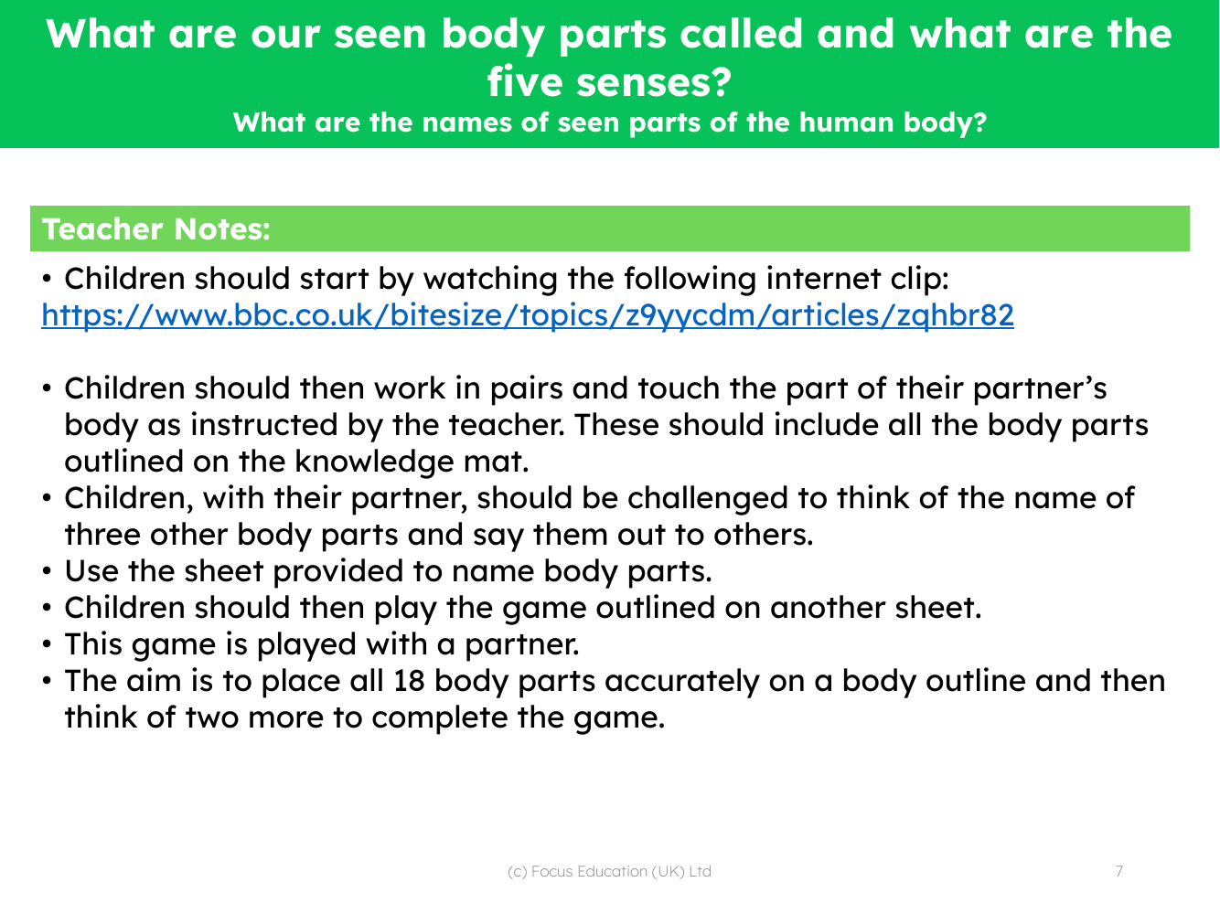 What are the names of the seen parts of the human body? - Teacher's notes