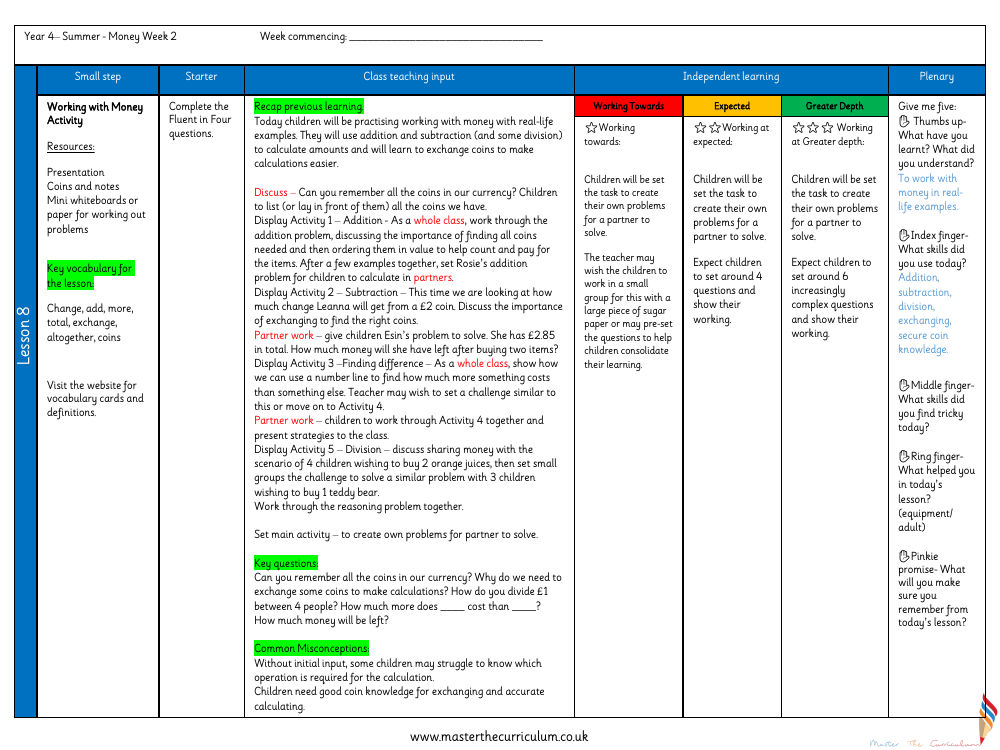 Money - Working with Money Activity - Planning