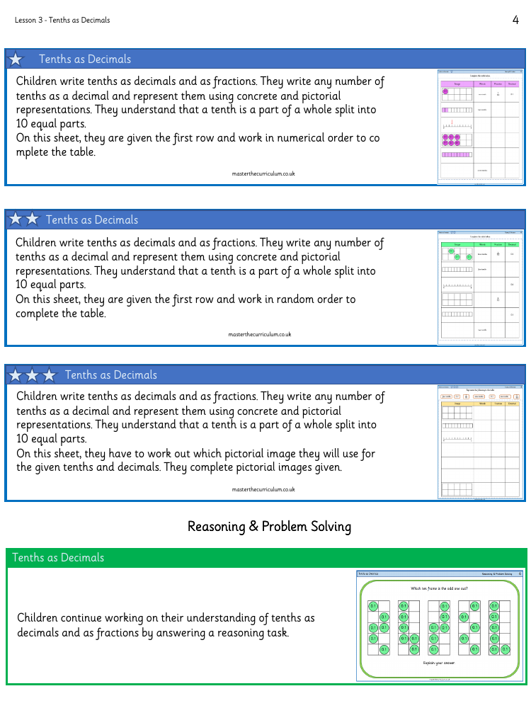 Decimals - Tenths as Decimals - Worksheet