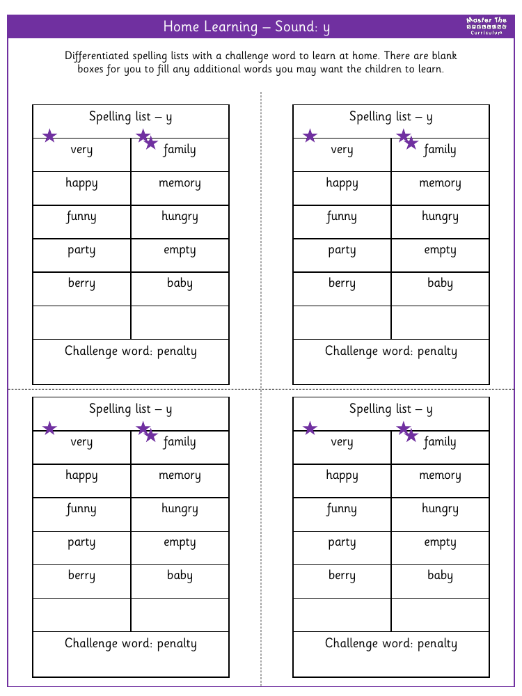 Spelling - Home learning - Sound y