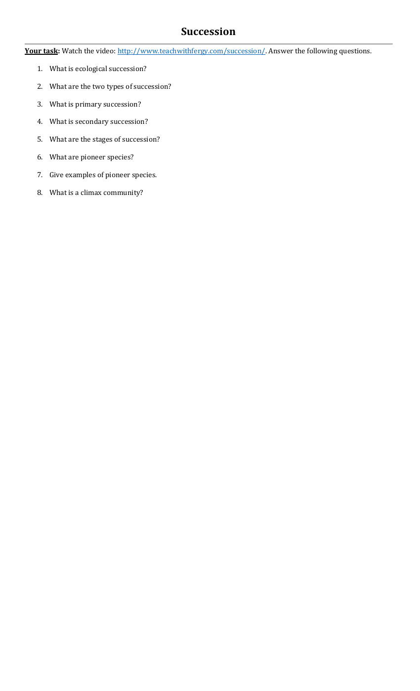 Ecological Succession - Succession Video Worksheet