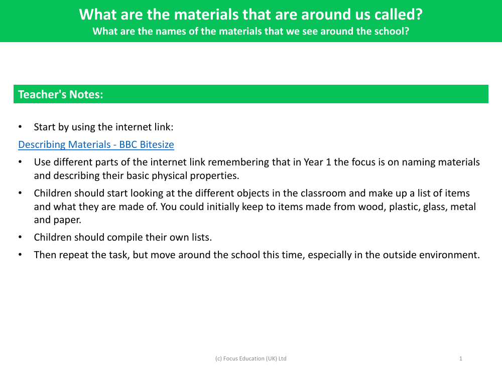 What are the names of materials that we see around the school? - Teacher notes