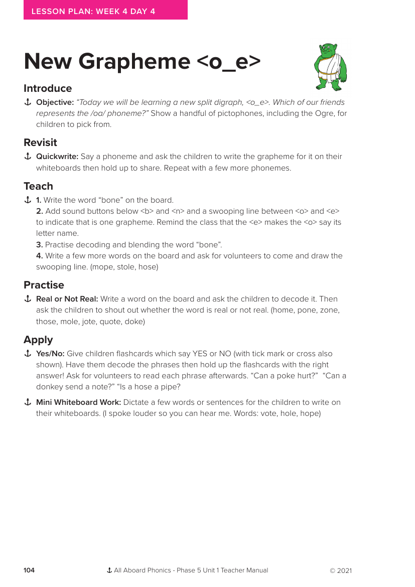 Week 4, lesson 4 New Grapheme "o_e" - Phonics Phase 5, unit 1 - Lesson plan