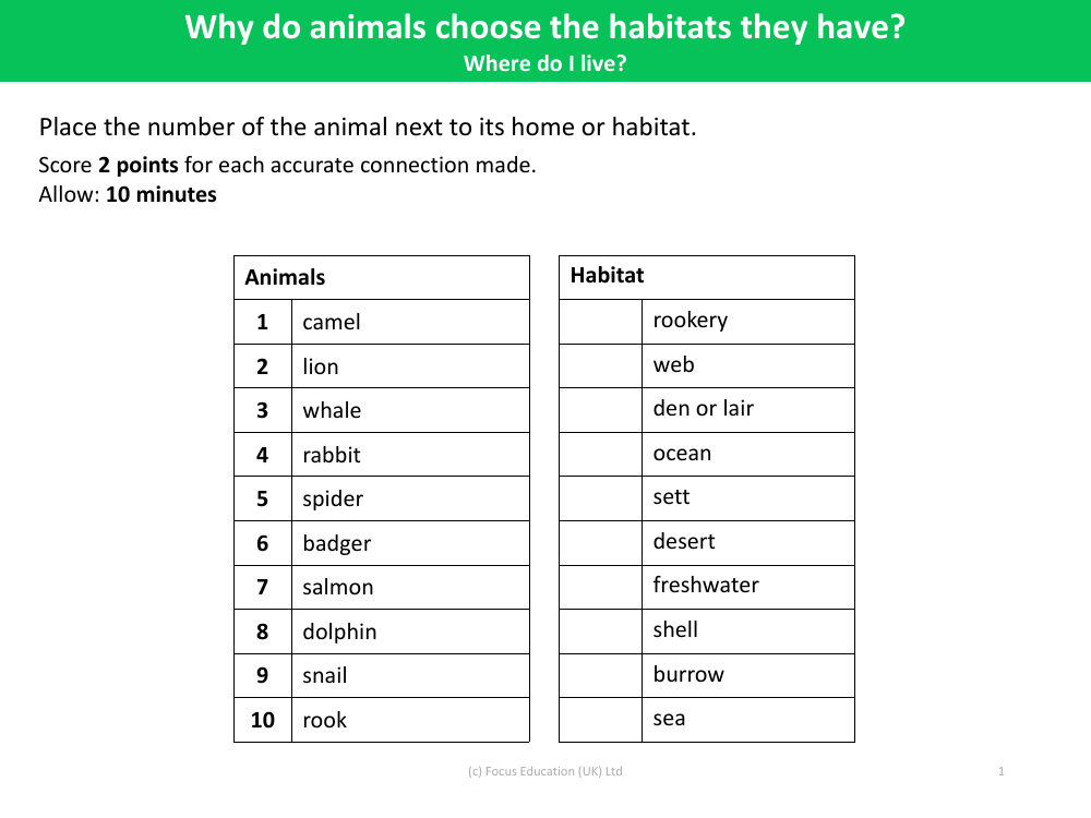 Match up - Animal habitats