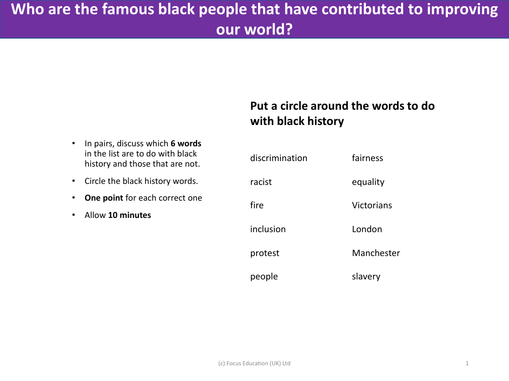 Put a circle around the words to do with black history - Black History - Year 2