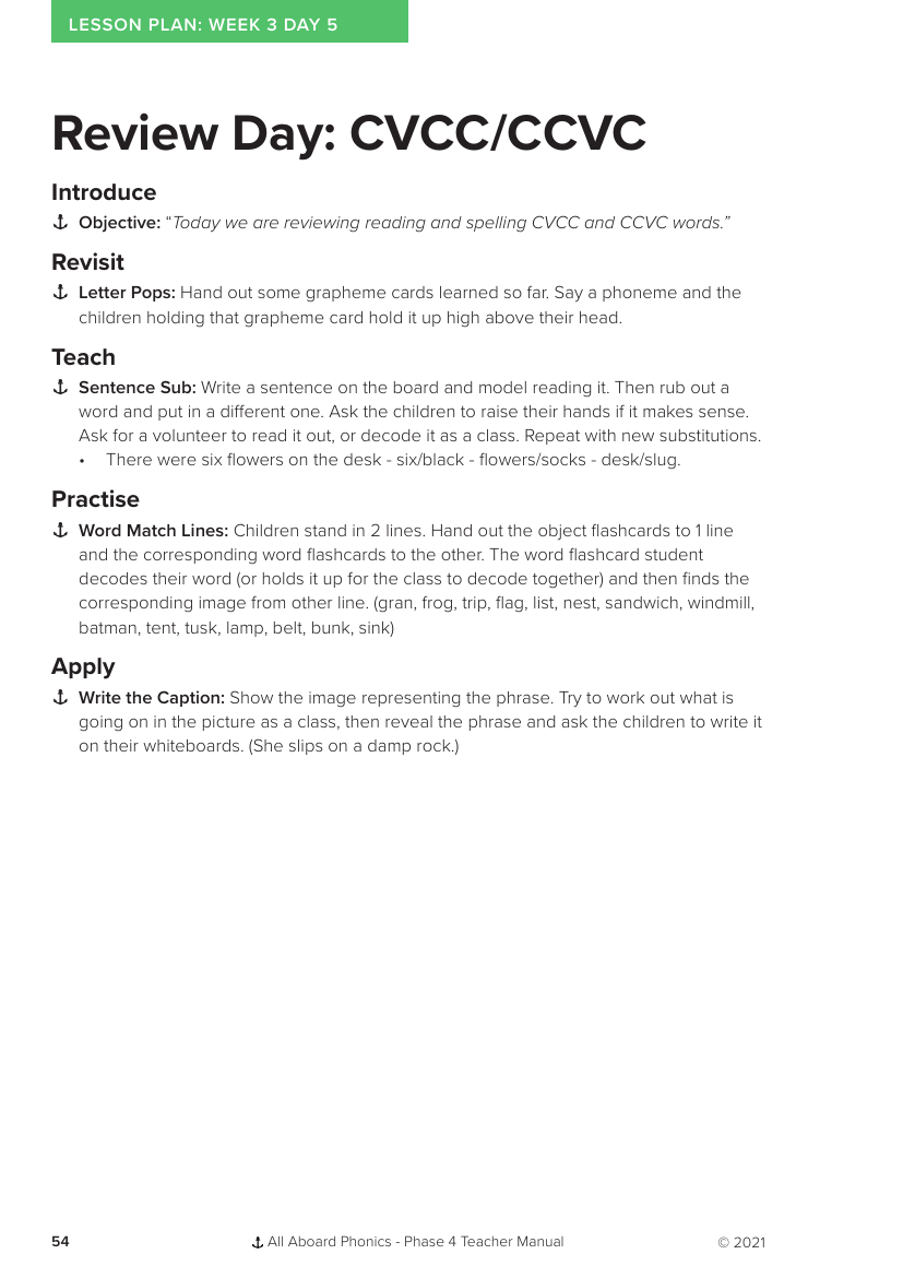 Week 3, lesson 5 Review Day: CVCC/CCVC - Phonics Phase 4 - Lesson plan