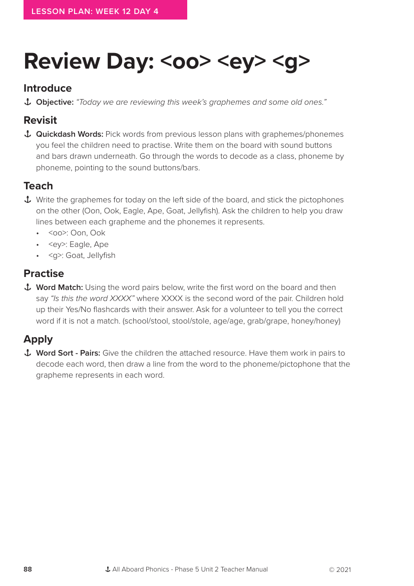 Week 12, lesson 4 Review day (oo,ey,g) - Phonics Phase 5, unit 2 - Lesson plan