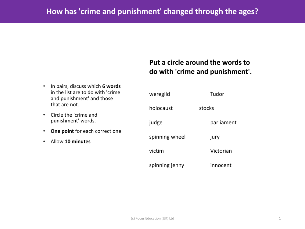 Put a circle around words to do with Crime and Punishment - Crime and Punishment - Year 5