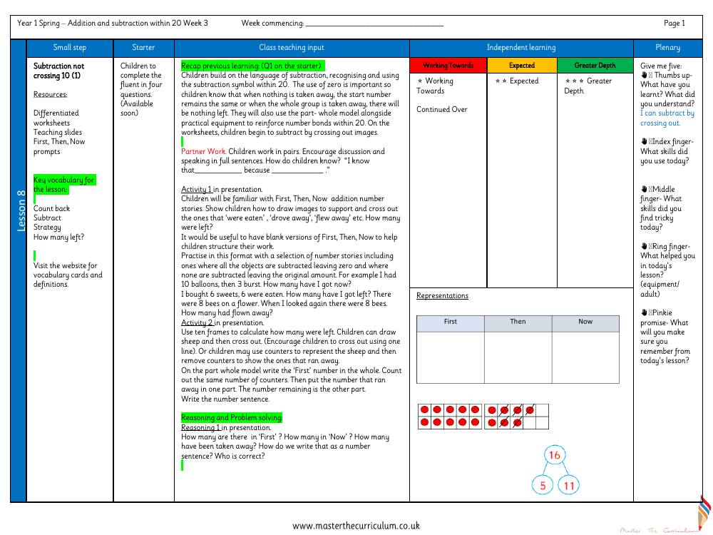 Addition and subtraction within 20 - Subtraction not crossing 10 - Planning