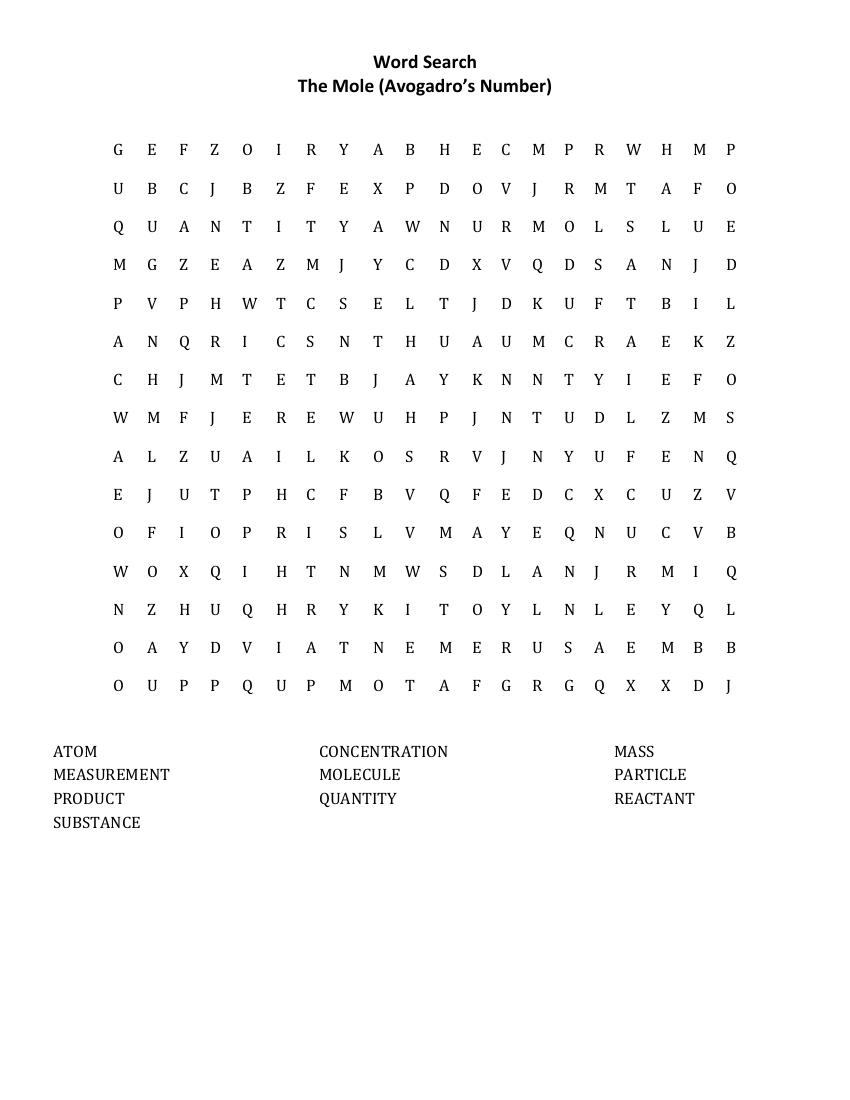 The Mole and Avogadro's Number - Word Search