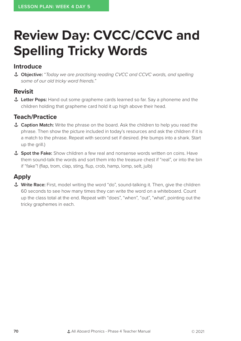 Week 4, lesson 5 Review Day - Phonics Phase 4 - Lesson plan