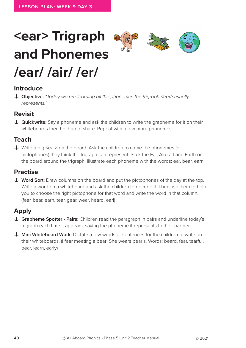 Week 9, lesson 3 "ear" Trigraph and Phonemes "ear,air,er" - Phonics Phase 5, unit 2 - Lesson plan