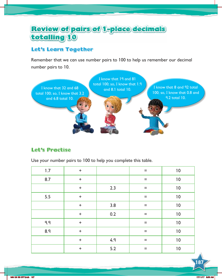 Max Maths, Year 6, Practice, Review of pairs of 1-place decimals totalling 10