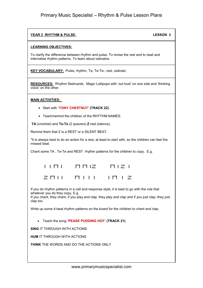 Rhythm and Pulse Lesson Plan - Year 2 Lesson 3