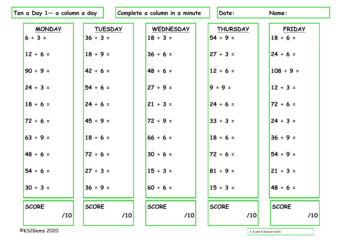 Ten a Day 3,6 and 9 Division Facts