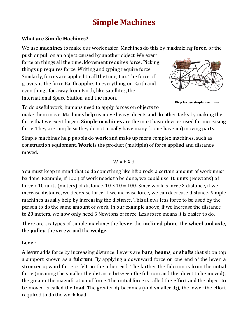 Simple Machines - Reading with Comprehension Questions