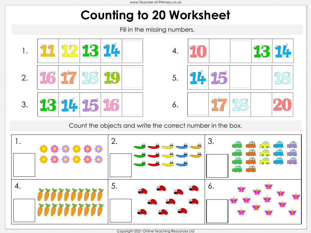 Counting to 20 - Worksheet