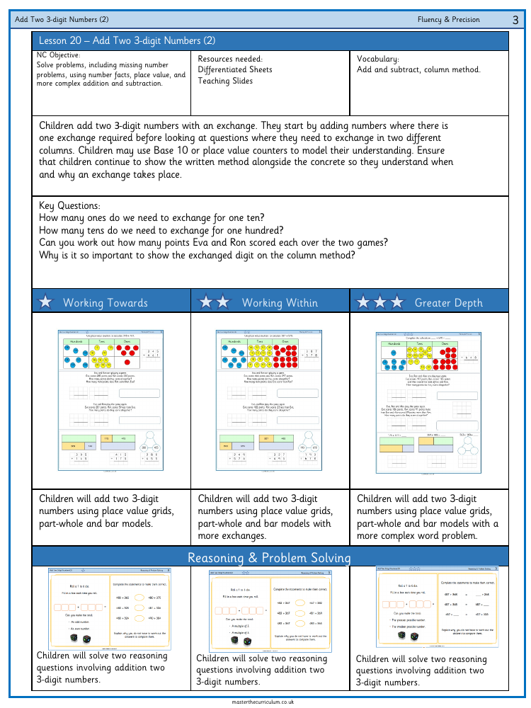 Addition and subtraction - Add two three-digit numbers ​crossing 10 or 100​ - Worksheet