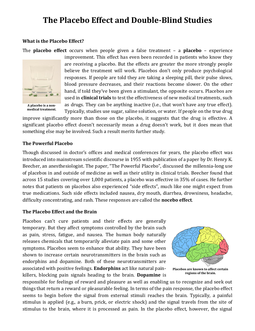 The Placebo Effect and Double-Blind Studies - Reading with Comprehension Questions