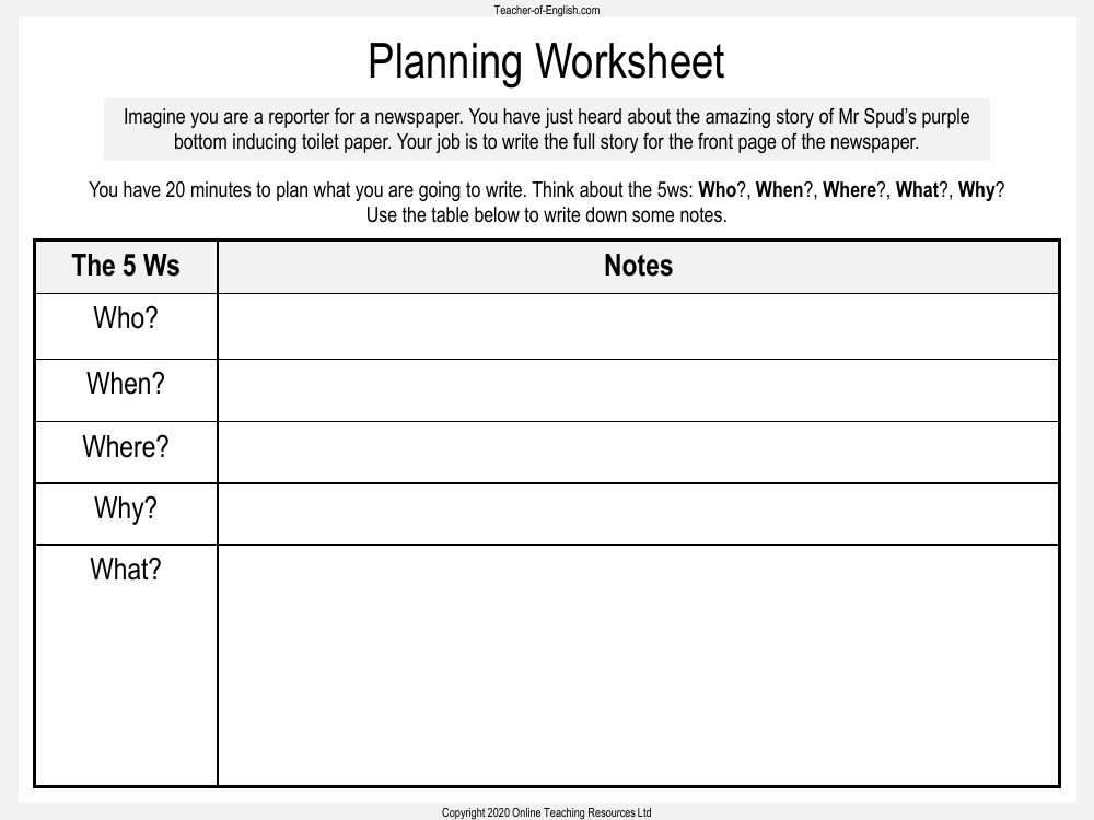 Billionaire Boy - Lesson 12 - Planning Worksheet