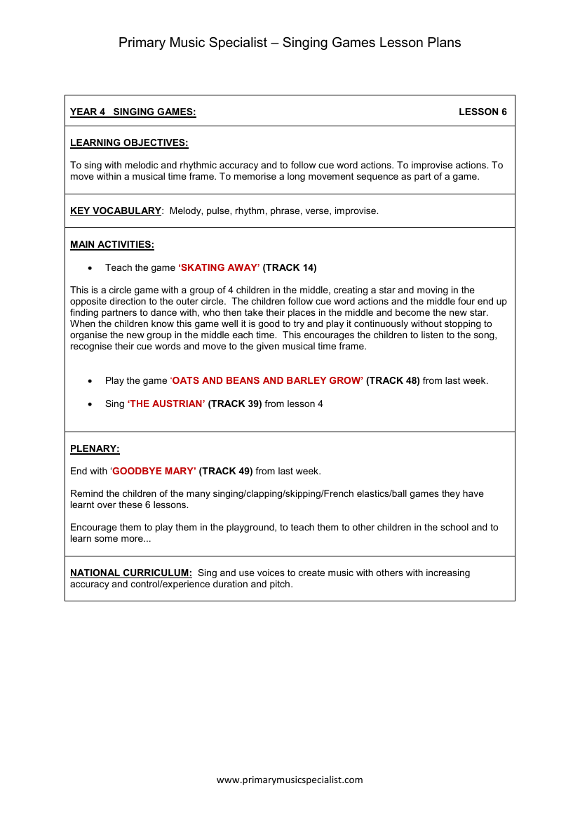 Singing Games Lesson Plan - Year 4 Lesson 6
