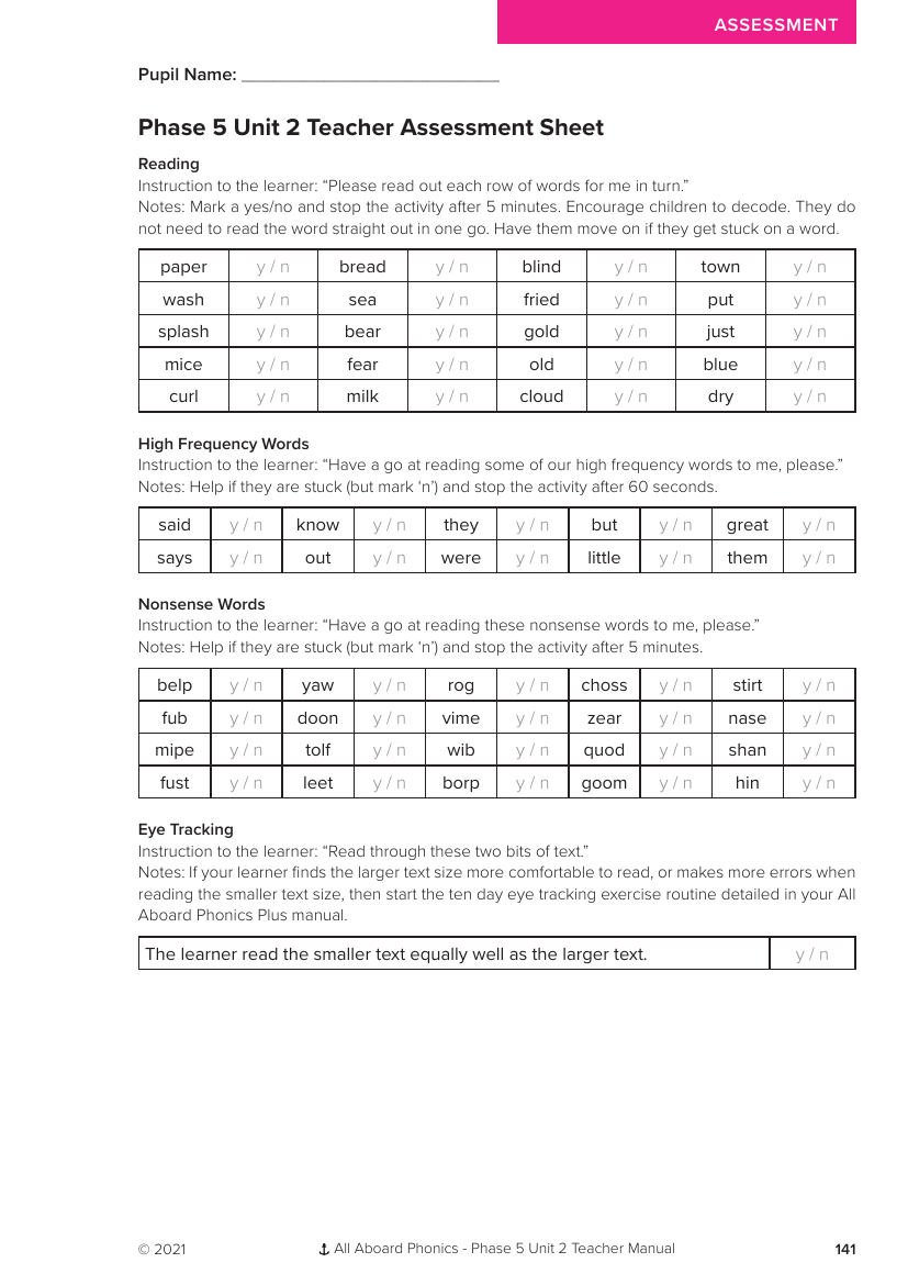 Phase 5 Unit 2 Teacher Assessment Sheet - Phonics Phase 5, unit 2 - Resource