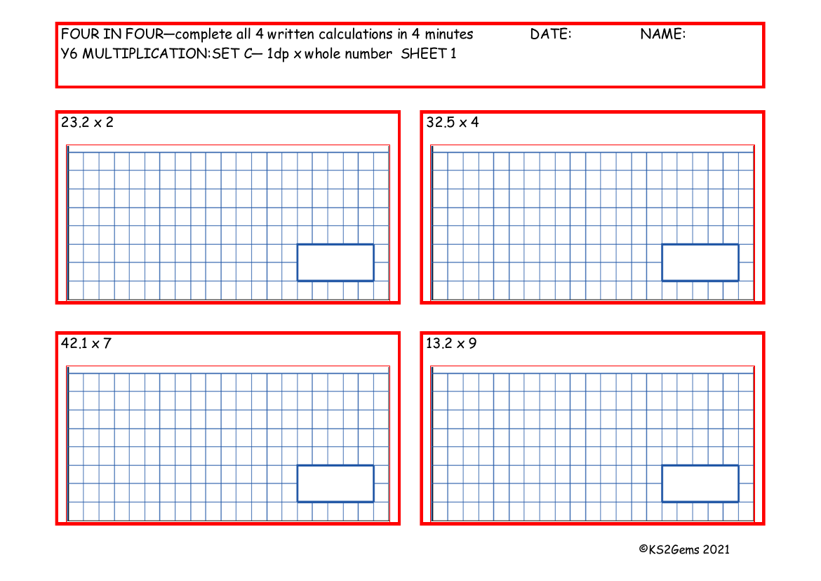 Four in Four - Multiplication Set C 1dp x whole number