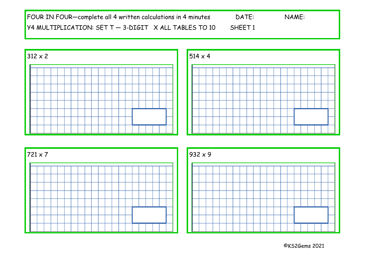 Four in Four -  Multiplication Set T 3 digit number x all tables TO 10