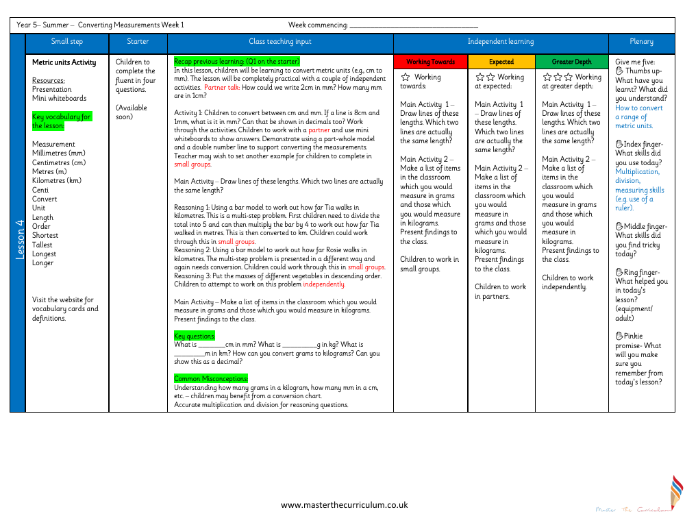 Converting Units - Metric Units (Activity) - Planning