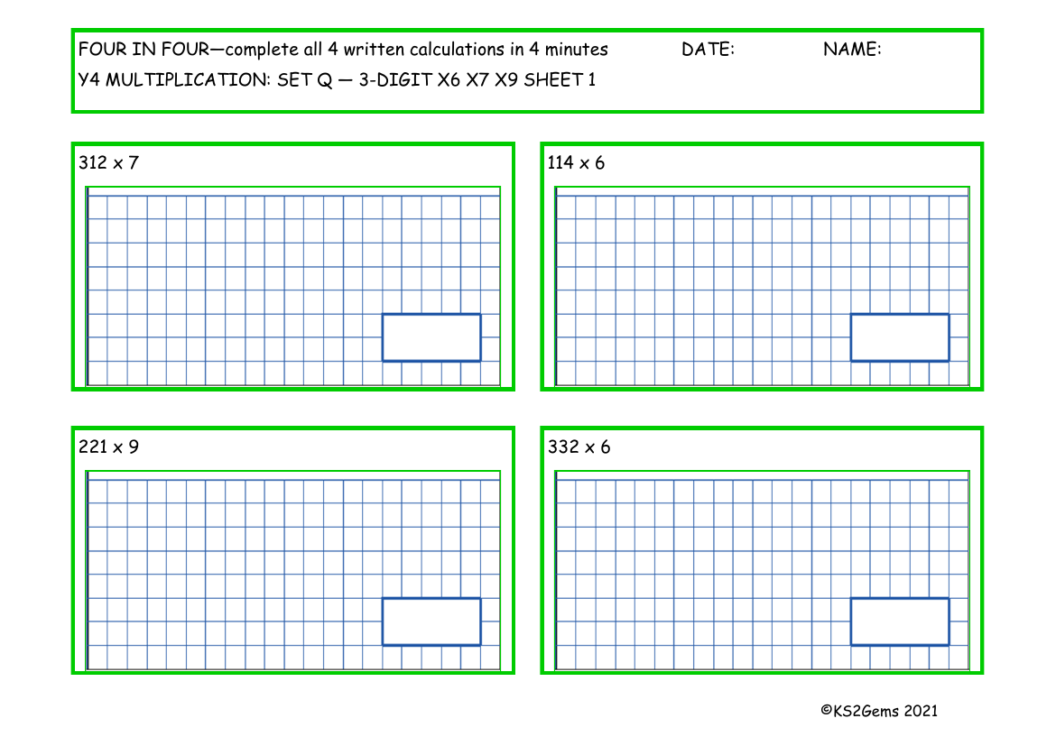 Four in Four -  Multiplication Set Q 3 digit number x6 x7 x9