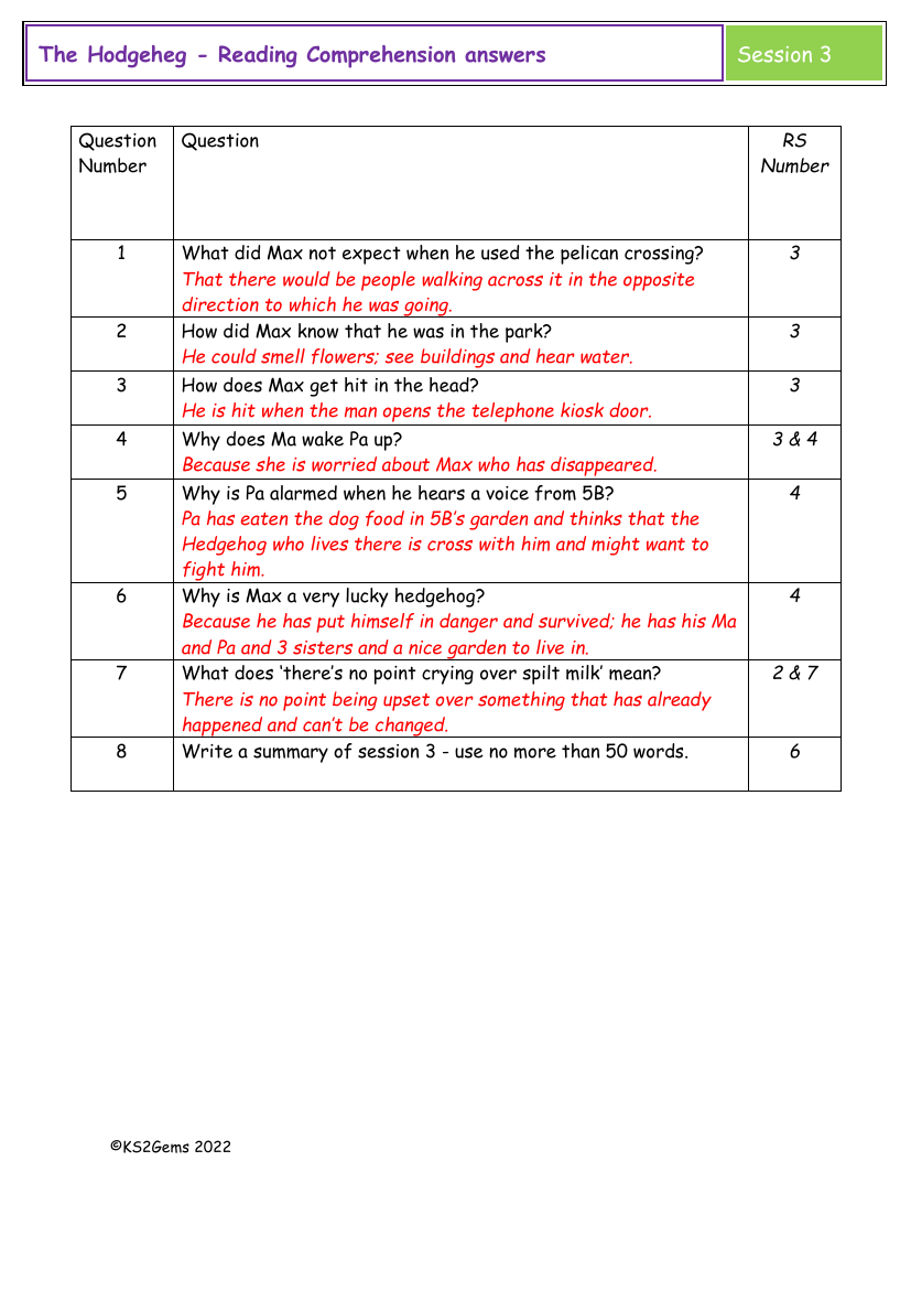 The Hodgeheg - Session 3 - Reading Comprehension answers | English Year 3