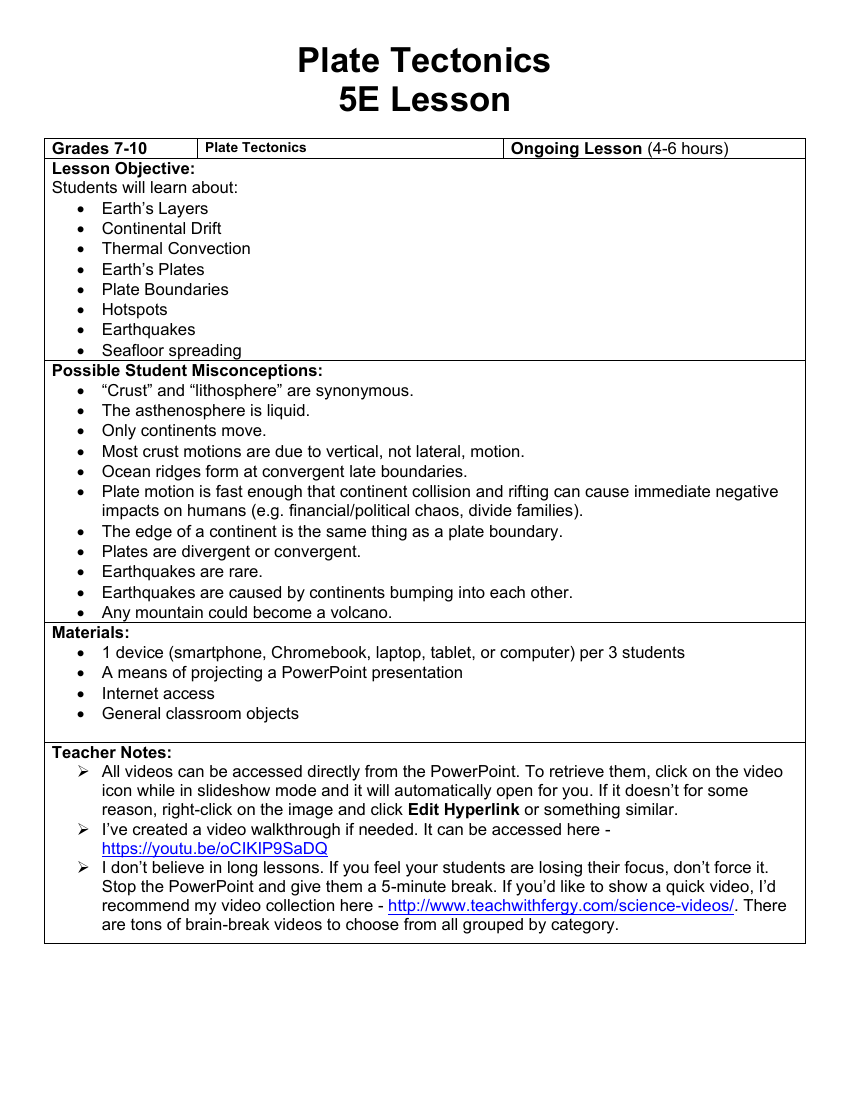 Plate Tectonics -Teaching Timeline