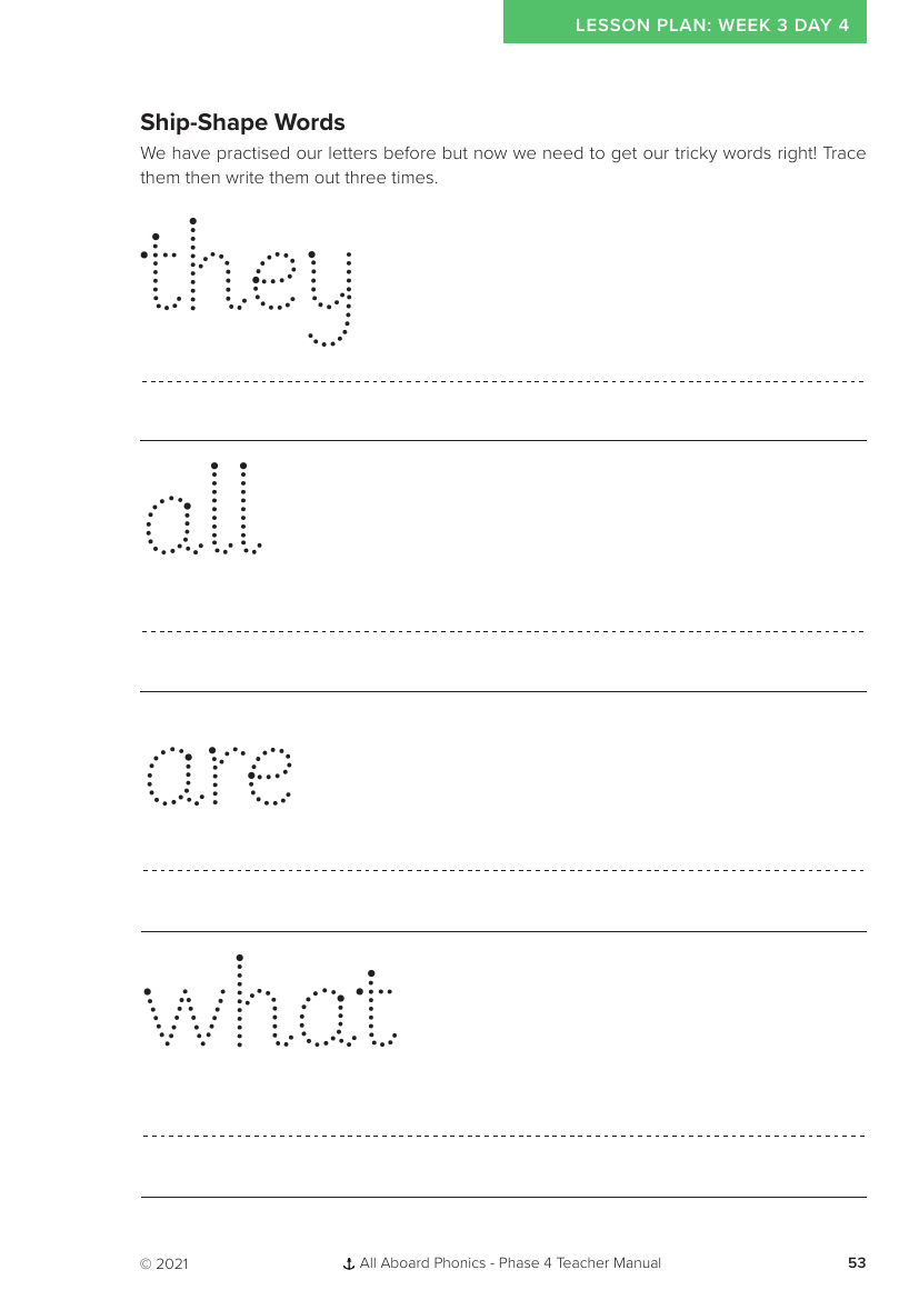 Week 3, lesson 4 Ship-Shape Words letter formation activity - Phonics Phase 4 - Worksheet