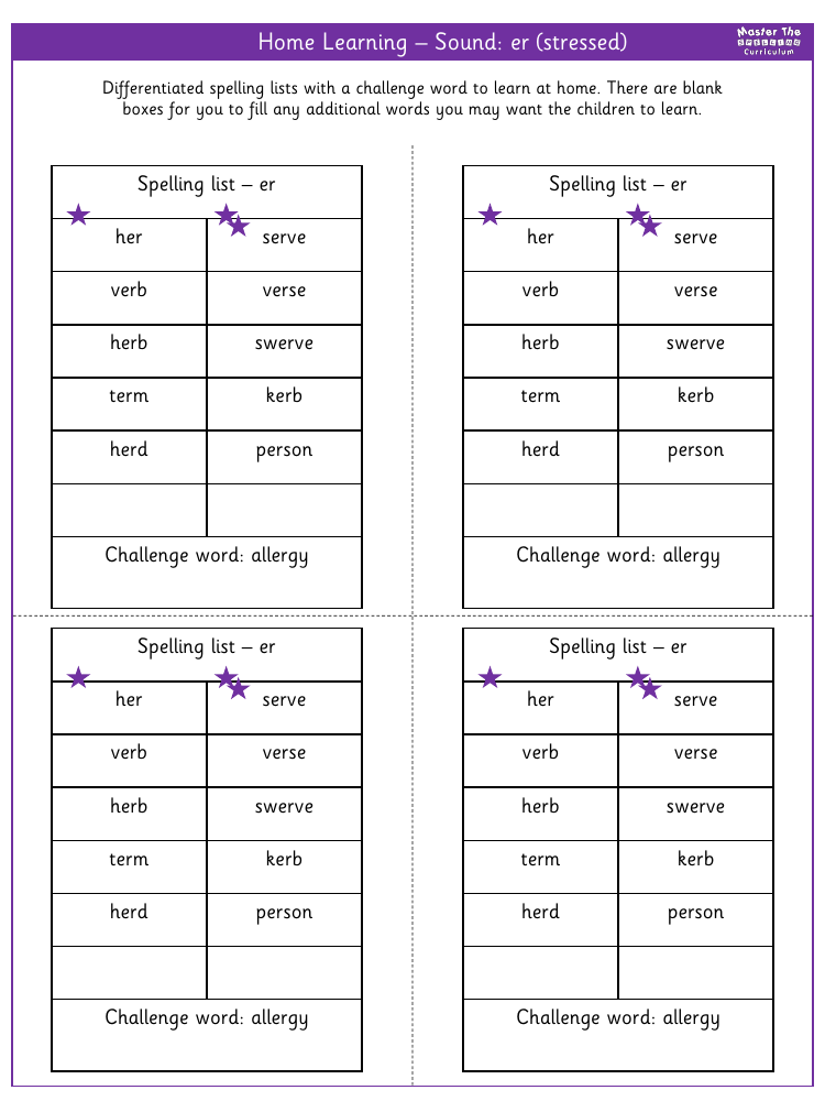 Spelling - Home learning - Sound er (stressed)