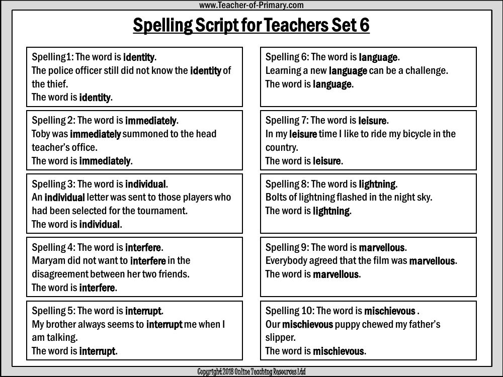 Spellings - Set 6 Teachers Script