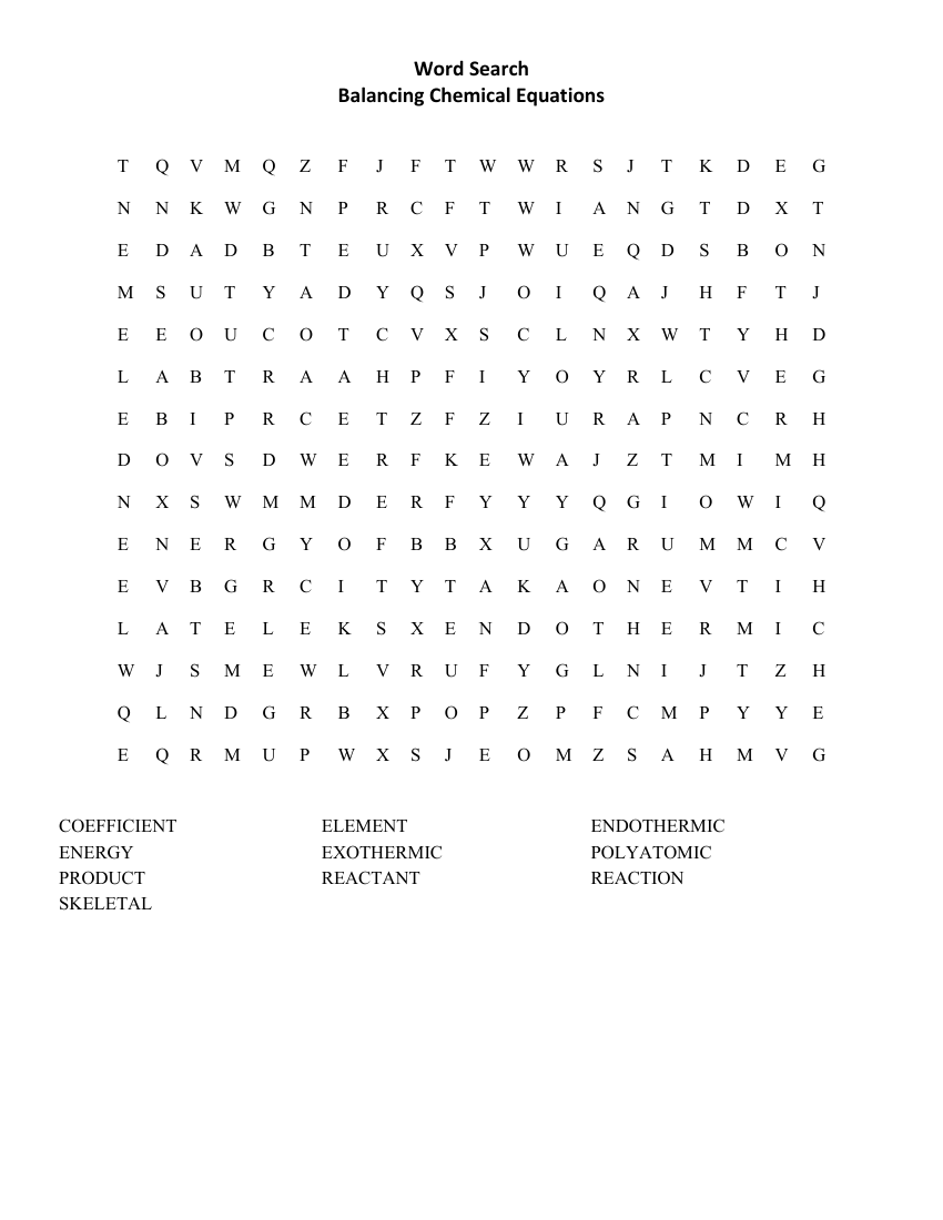 Balancing Chemical Equations - Word Search