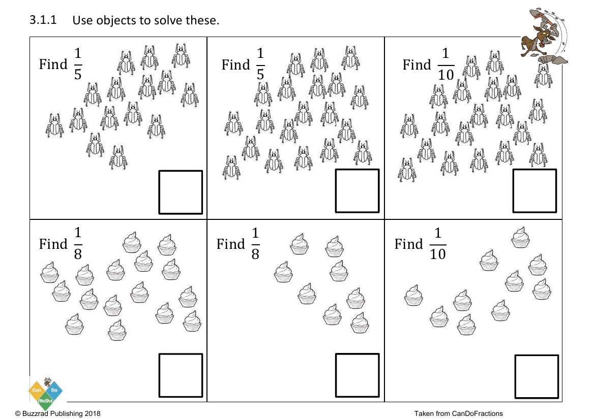 Find unit fractions of a number of objects (5,8,10)